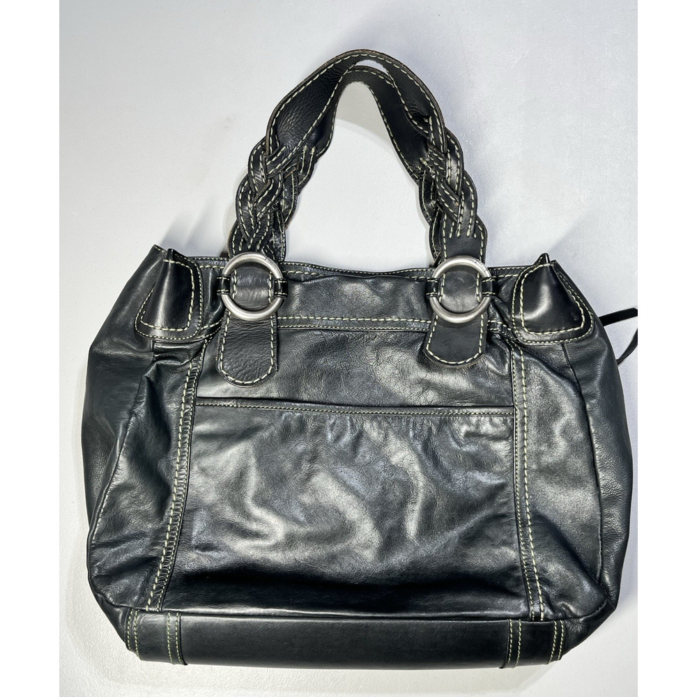 Fossil Leather Handbag Shoulder Tote Bag Black Large Braided Straps Key Charm - Picture 2 of 16